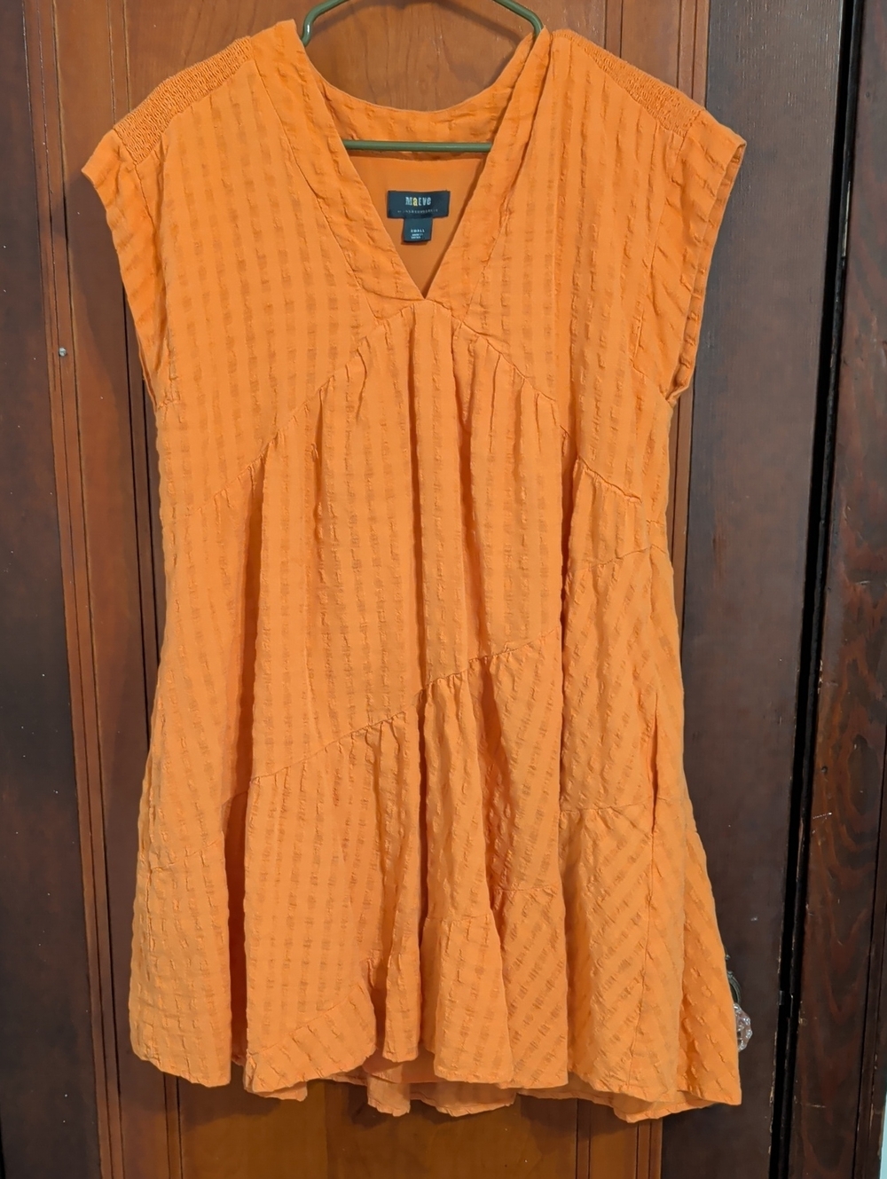 Maeve Orange Textured V-Neck Tiered Mini Dress
